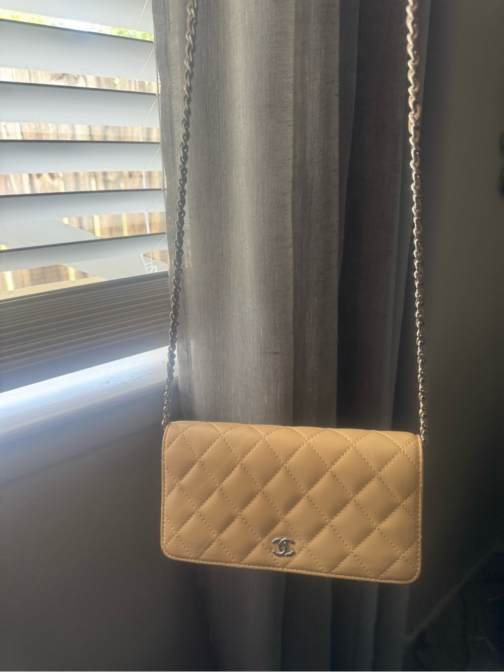 CHANEL Quilted Lambskin Chain Crossbody in Beige